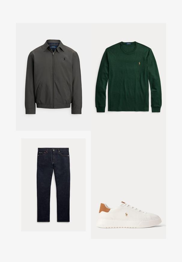 Chaqueta bomber gris oscuro hecha de tejido liso con cremallera frontal, bolsillos laterales y puños elásticos. Presenta un logo bordado en el pecho.; Camiseta de manga larga de color verde oscuro con cuello redondo y pequeño logo bordado de Polo Ralph Lauren en el pecho izquierdo.; Jeans de mezclilla oscura con corte recto, cinco bolsillos, costuras naranjas y cierre de botones. La tela tiene una textura suave.; Zapatilla blanca de caña baja con lengüeta trasera en color marrón claro, cordones blancos y un pequeño logo bordado de jugador de polo en el lateral sobre una suela gruesa.