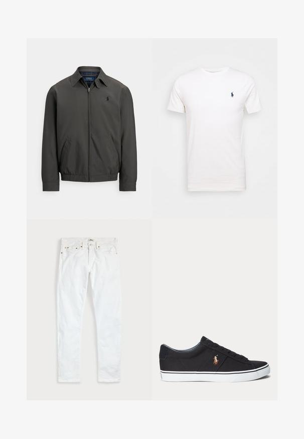 Chaqueta bomber gris oscuro hecha de tejido liso con cremallera frontal, bolsillos laterales y puños elásticos. Presenta un logo bordado en el pecho.; Camiseta de algodón blanca con cuello redondo. Presenta un pequeño logo azul oscuro en el lado izquierdo del pecho. Mangas cortas, textura suave.; Vaqueros blancos de corte ajustado con cinco bolsillos, cierre de botones y trabillas para cinturón, extendidos sobre un fondo liso y claro.; Zapatilla deportiva negra de corte bajo con suela blanca y logotipo cosido de jugador de polo en el lateral, con cierre de cordones y parte superior de tela texturizada.