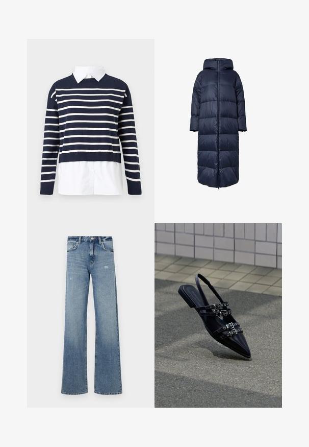 Marineblå pufferjakke med hætte, med frontlynlås, oversize-design og quiltet tekstur. Sämen når til midt på læggene.; Marineblå sweater med hvide vandrette striber, rund halsudskæring, cropped design og en hvid skjorte under. Struktureret strikket stof.; Lyseblå denimjeans med høj talje, vidde ben, let slid og traditionel fem-lomme struktur.; Sort flad sandal med spids tå, flere remme med spænder og slingback, placeret over et belagt underlag og flisevæg som baggrund.