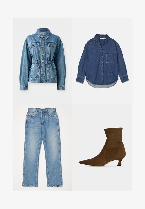 Lichtblauwe denimjack met een kraag, voorzakken en een elastische taille. Voorzien van zilveren knopen en een ontspannen pasvorm.; Donkerblauwe denimshirt met een kraag, knoopsluitingen, één borstzak en lange mouwen met een afgeronde zoom. Zachte textuur.; RE/DONE HIGH RISE - Straight leg jeans - worn blue; Bruine enkellaars met spits toelopende neus en lage kittenhak, gemaakt van glad materiaal, getoond tegen een effen achtergrond.