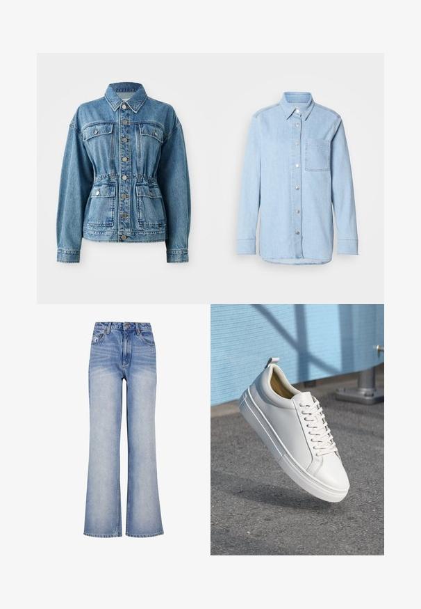 Lichtblauwe denimjack met een kraag, voorzakken en een elastische taille. Voorzien van zilveren knopen en een ontspannen pasvorm.; Lichtblauwe denim shirt met een knoopsluiting aan de voorkant, puntige kraag, één borstzak en lange mouwen met knoopmanchetten.; Lichtblauwe denim wijde jeans hebben een hoge taille, knoopsluiting, subtiele vervaging en een klassiek design met vijf zakken.; Witte leren sneaker met platte veters, ronde neus, rubberen loopzool en een klein trekbandje bij de hiel. Gladde textuur met minimale ontwerpdetaillering.
