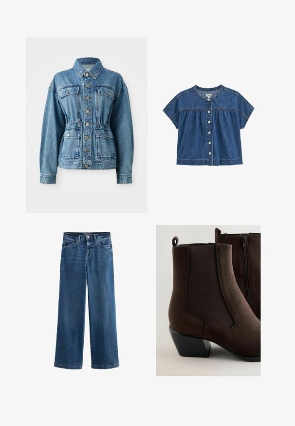 Lysblå denimjakke med krave, frontlommer og elastisk talje. Har sølvknapper og en afslappet pasform.; Blå denimbluse med korte ærmer, rund halsudskæring, indsnævret bærestykke, knaplukning foran og Wrangler-brandlabel på indersiden af kraven.; Blå vidde jeans i denim med høj talje, fem lommer, subtile slidte detaljer, knaplukning og kontrasterende syninger.; Brune ruskinds ankelstøvler med dobbel elastisk sidepaneler, en lynlås og en lav blokhæl. Glat tekstur med syninger.