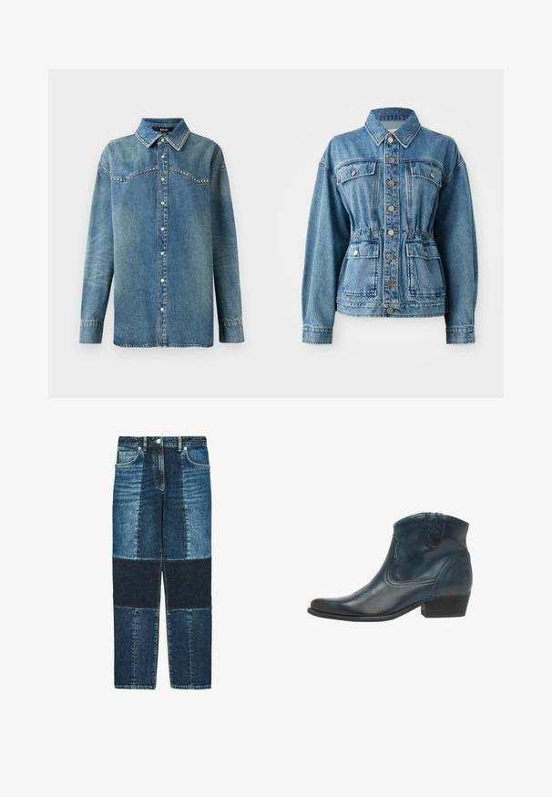 Veste en denim bleu clair avec un col, poches frontales et taille élastique. Présente des boutons en argent et une coupe décontractée.; Chemise en denim bleu à manches longues avec boutons-pression, col pointu et détails en strass le long du devant et des bords du col.; Pantalon en jean taille haute avec un design patchwork composé de panneaux rectangulaires bleu foncé et bleu clair et des poches avant.; Bottes de cowboy en cuir bleu foncé, avec un bout pointu, des accents courbés et un talon bas empilé avec des détails de couture subtils.