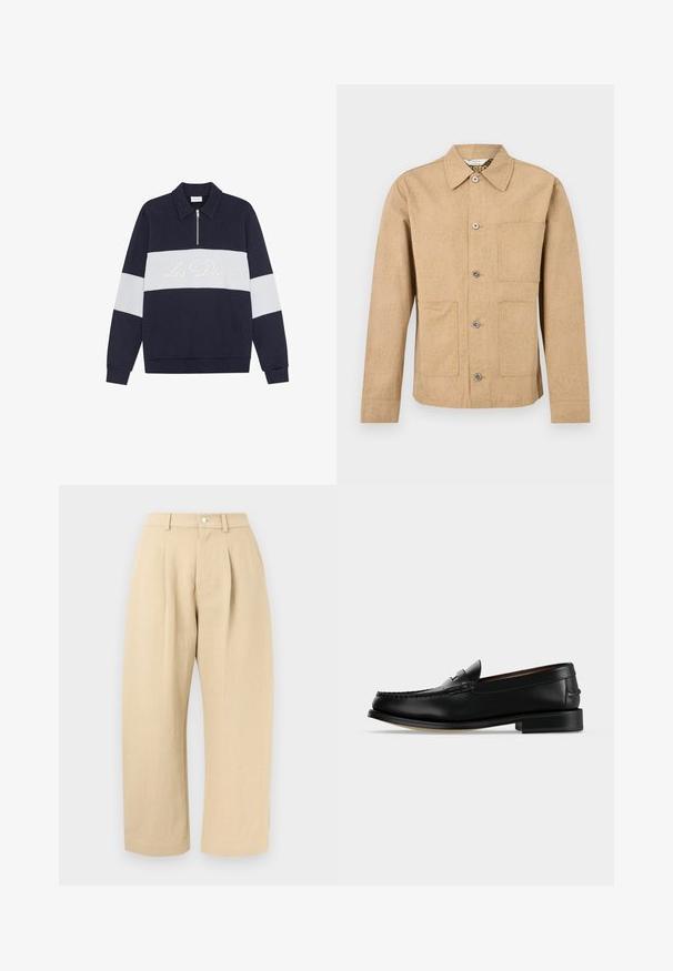Camisa chaqueta marrón claro con botones, manga larga, tres bolsillos frontales y un patrón texturizado sutil.; Sudadera azul marina con una franja horizontal blanca y cuello con cremallera. "Les Deux" bordado en crema en la franja. Tejido suave, ajuste clásico.; Pantalones beige de cintura alta con pierna ancha, trabillas para cinturón, cierre frontal con botones y bolsillos laterales sobre un fondo claro.; Mocasín masculino de cuero negro con tacón bajo y costura estilo mocasín en la puntera, mostrado de lado sobre un fondo liso.