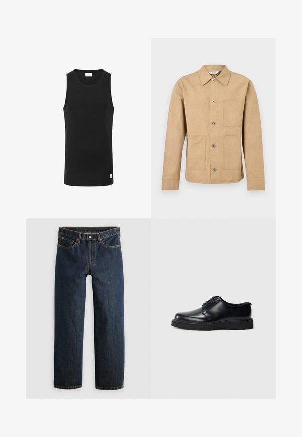 Lichtbruine overhemdjack met lange mouwen, drie zakken aan de voorkant en een subtiel gestructureerd patroon.; Zwarte mouwloze tanktop van ribstof, met een ronde halslijn en een klein logolabel aan de zoom. Eenvoudig, getailleerd ontwerp.; Donkerblauwe denim jeans met een rechte pijp. Voorzien van vijf zakken, contrasterende stiksels en een knoopsluiting in de taille.; Zwarte leren veterschoenen met een ronde neus, een gladde afwerking en een getextureerde zwarte rubberen zool. Minimalistisch ontwerp zonder zichtbare patronen.