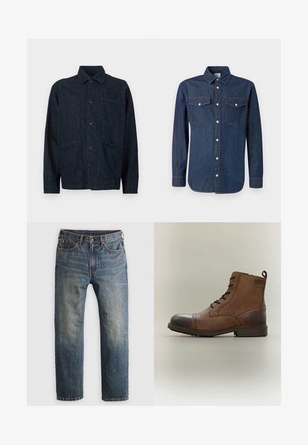 Dunkelblaue Jeansjacke mit Kragen, Frontknöpfen und zwei großen aufgesetzten Taschen. Mit einer strukturierten Oberfläche.; Dunkelblaues Jeanshemd mit klassischem Kragen, langen Ärmeln und zwei Brusttaschen. Verfügt über weiße Knöpfe und kontrastierende Nähte.; Blaue, ausgebleichte gerade geschnittene Jeans aus Denim mit Fronttaschen, Gürtelschlaufen, Knopf und Reißverschluss auf einem hellen Hintergrund.; Brauner Leder-Schnürstiefel bis zum Knöchel mit schwarzer Zehenkappe, runder Sohle und Markenlabel an der Seite vor schlichtem Hintergrund.