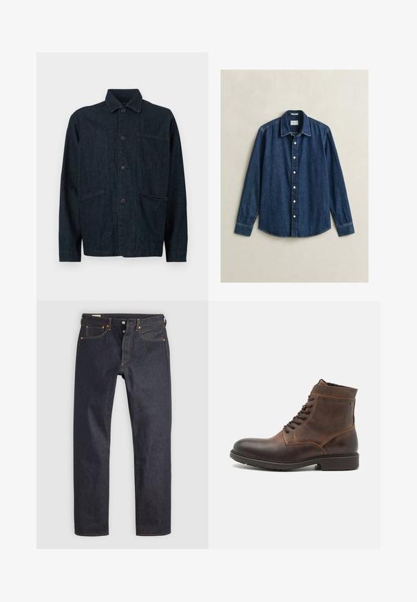 Donkerblauwe spijkerjack met een kraag, knopen aan de voorkant en twee grote opgestikte zakken. Heeft een gestructureerde afwerking.; Donkerblauw denim overhemd met lange mouwen, knopen aan de voorkant en een kraag, plat neergelegd op een lichte achtergrond.; Donkerblauwe spijkerbroek met een rechte pijp, voorzien van oranje stiksel en klassieke vijfzakkenstijl. Knop- en ritssluiting.; Jack & Jones JFWDELANEY BOOT - Veterboots - cognac
