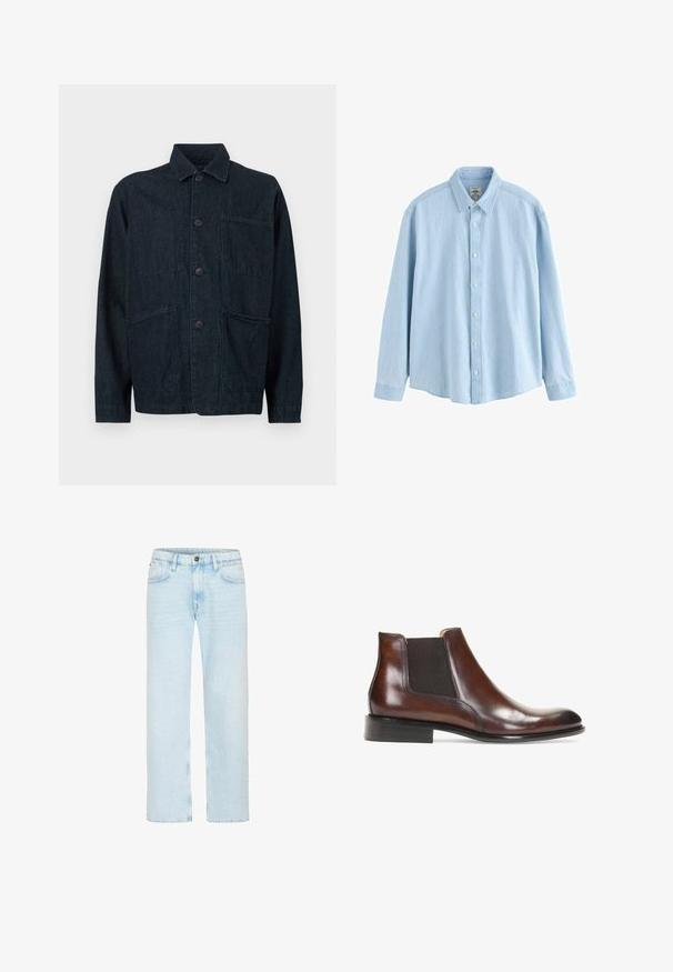 Chaqueta de denim azul oscuro con cuello, botones en la parte frontal y dos grandes bolsillos de parche. Presenta un acabado texturizado.; Camisa de mezclilla azul claro de manga larga con botones y cuello, botones blancos, talla mediana, exhibida sobre un fondo blanco.; Vaqueros azul claro de pierna recta con botón y cremallera delanteros, trabillas para cinturón y bolsillos delanteros sobre un fondo blanco.; Botín de cuero marrón hasta el tobillo con paneles laterales elásticos, un acabado suave, detalles de costura y un tacón rectangular bajo.