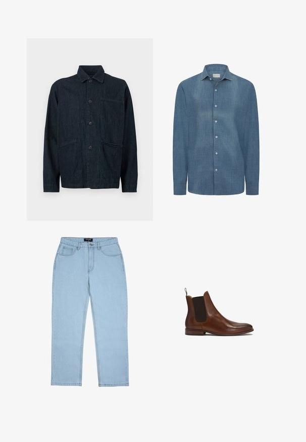 Chaqueta de denim azul oscuro con cuello, botones en la parte frontal y dos grandes bolsillos de parche. Presenta un acabado texturizado.; Camisa de mezclilla azul de manga larga con botones, cuello clásico y botones blancos, extendida sobre un fondo blanco.; Jeans de pierna recta de color azul claro con bolsillos delanteros, trabillas para cinturón, cierre de botón y detalles de costura visibles.; Kazar BEREN - Botines - brown