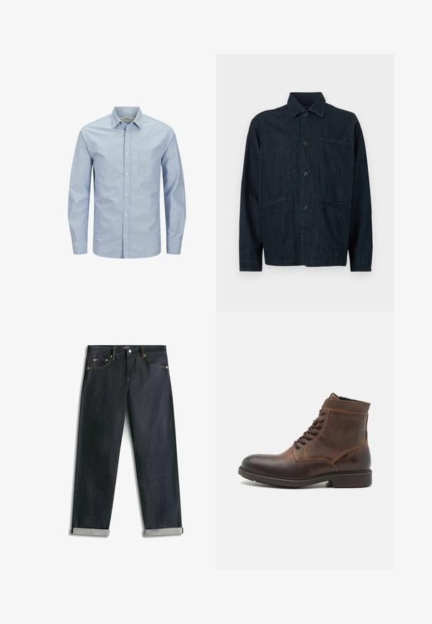 Dunkelblaue Jeansjacke mit Kragen, Frontknöpfen und zwei großen aufgesetzten Taschen. Mit einer strukturierten Oberfläche.; Helles blaues Langarmhemd mit Knopfleiste und einer Tasche auf der linken Brustseite. Aus weichem Stoff mit glatter Textur und dezentem Logo-Detail gefertigt.; Dunkelblaue Denim-Jeans mit umgeschlagenen Bündchen, fünf Taschen und kontrastierender Naht, flach auf weißem Hintergrund liegend.; Jack & Jones JFWDELANEY BOOT - Schnürstiefelette - cognac