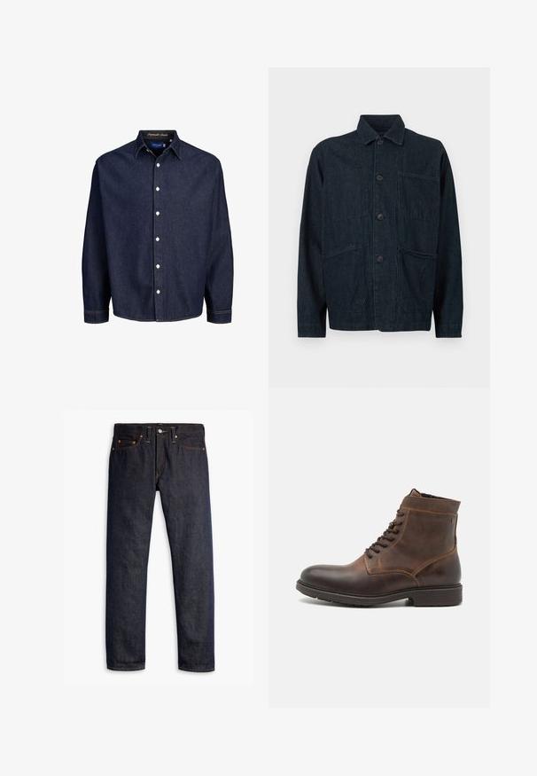 Chaqueta de denim azul oscuro con cuello, botones en la parte frontal y dos grandes bolsillos de parche. Presenta un acabado texturizado.; Camisa de mezclilla azul oscuro con frente abotonado, mangas largas y cuello clásico, que presenta botones blancos y costuras en contraste.; Vaqueros de denim azul oscuro con corte recto, diseño de cinco bolsillos, remaches de cobre, costuras amarillas y una tela texturizada distintiva.; Jack & Jones JFWDELANEY BOOT - Botines con cordones - cognac