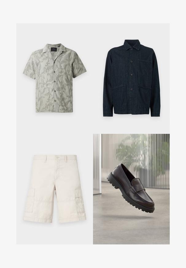Dunkelblaue Jeansjacke mit Kragen, Frontknöpfen und zwei großen aufgesetzten Taschen. Mit einer strukturierten Oberfläche.; Kurzärmliges, hellgraues Hemd mit gestickten Blumenmustern, einem Camp-Kragen und einer durchgehenden Knopfleiste mit grauen Knöpfen.; Beige Cargo-Shorts aus leichtem Baumwollmaterial, mit zwei Seitentaschen, einem vorderen Knopfverschluss und Steppdetail.; Brauner Leder-Schlupfschuh mit abgerundetem Zehenbereich und einer robusten schwarzen Gummisohle. Verfügt über einen dekorativen Riemen über dem Spann.