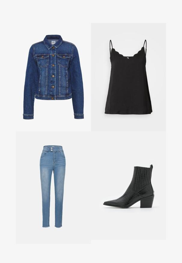 Jeansjacke in Mittelblau, mit einem klassischen Kragen, zwei Brusttaschen und Metallknöpfen. Strukturierter Stoff mit sichtbaren Nähdetails.; Schwarzes, gewelltes Cami-Top mit dünnen Trägern, weichem Material und lockerer Passform. Hat einen leicht geschwungenen Ausschnitt und ein schlichtes Design.; Hochgeschnittene blaue Denim-Jeans mit Knopfleiste, Fronttaschen und leicht fransigem Saum. Glatte Textur und schmal zulaufendes Bein-Design.; RAID ROCCO - Cowboy-/Bikerstiefelette - black