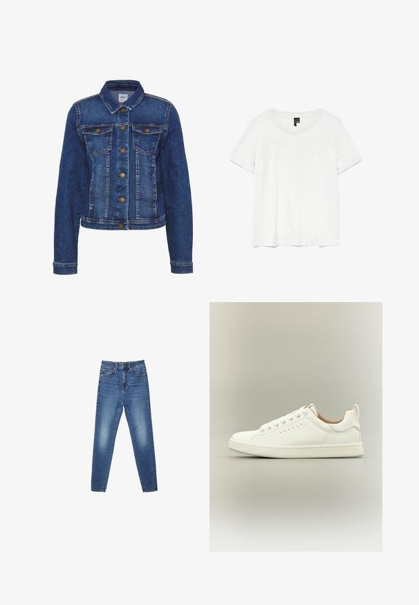 Jeansjacke in Mittelblau, mit einem klassischen Kragen, zwei Brusttaschen und Metallknöpfen. Strukturierter Stoff mit sichtbaren Nähdetails.; Weißes T-Shirt mit kurzen Ärmeln und rundem Ausschnitt, hergestellt aus leichtem Stoff. Schlichtes Design, glatte Textur und gerader Saum.; Blaue, hoch taillierte, schmal geschnittene Jeans aus Denim mit Taschen vorne und hinten, Knopfverschluss sowie dezenten Verwaschungen an Oberschenkeln und Knien.; Weißer Sneaker mit niedrigem Schaft, Schnürsenkeln, perforierten Seitendetails und einem Zuglasche an der Ferse, vor neutralem Hintergrund.