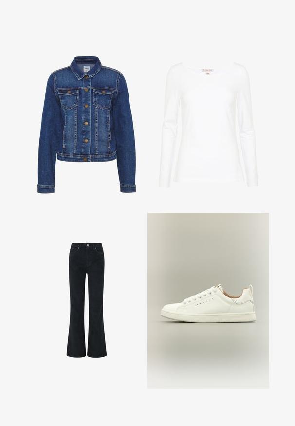 Veste en denim bleu moyen, avec un col classique, deux poches poitrine et des boutons en métal. Tissu texturé avec des coutures visibles.; Anna Field by Zalando T-shirt à manches longues - white; Pantalons en velours côtelé noir évasés avec fermeture à bouton et à glissière, dotés de deux poches avant et d'une texture lisse. Design à jambe droite.; Baskets blanches basses avec lacets, détails perforés sur les côtés et languette au talon, sur fond neutre.