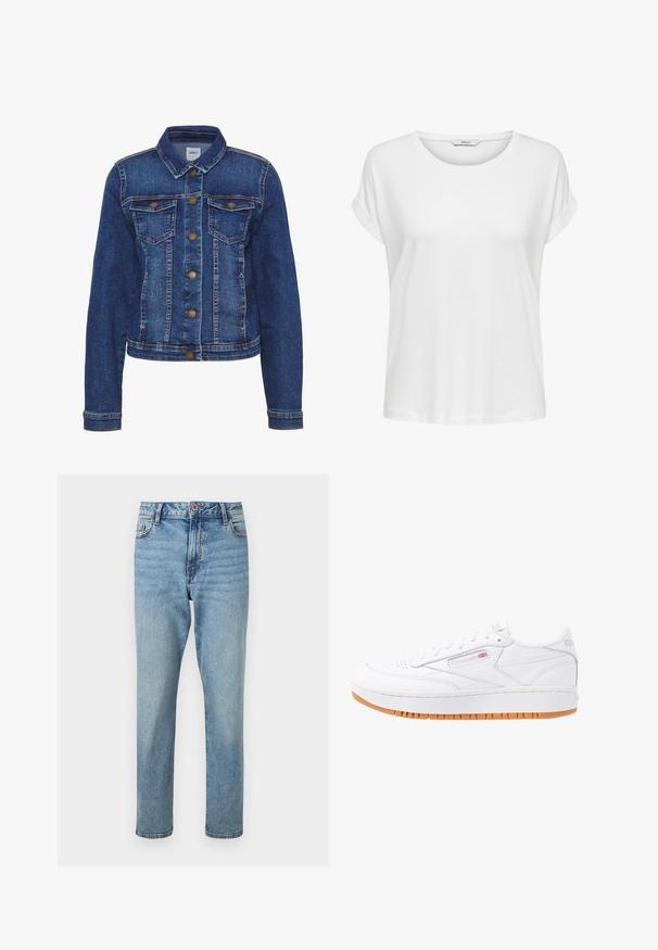 Chaqueta de denim en azul medio, con un collar clásico, dos bolsillos en el pecho y botones metálicos. Tejido texturizado con costuras visibles.; Camiseta blanca de manga corta hecha de algodón suave. Presenta un cuello redondo y puños enrollados. Diseño simple sin patrones ni acentos.; Vaqueros azul claro de tiro alto y pierna recta con cierre frontal de botón y cremallera, bolsillos delanteros y sutiles detalles descoloridos.; Zapatillas blancas de cuero con suela de goma, detalles de costura y caja de dedos perforada. Cuenta con un logo en el costado y en el talón.