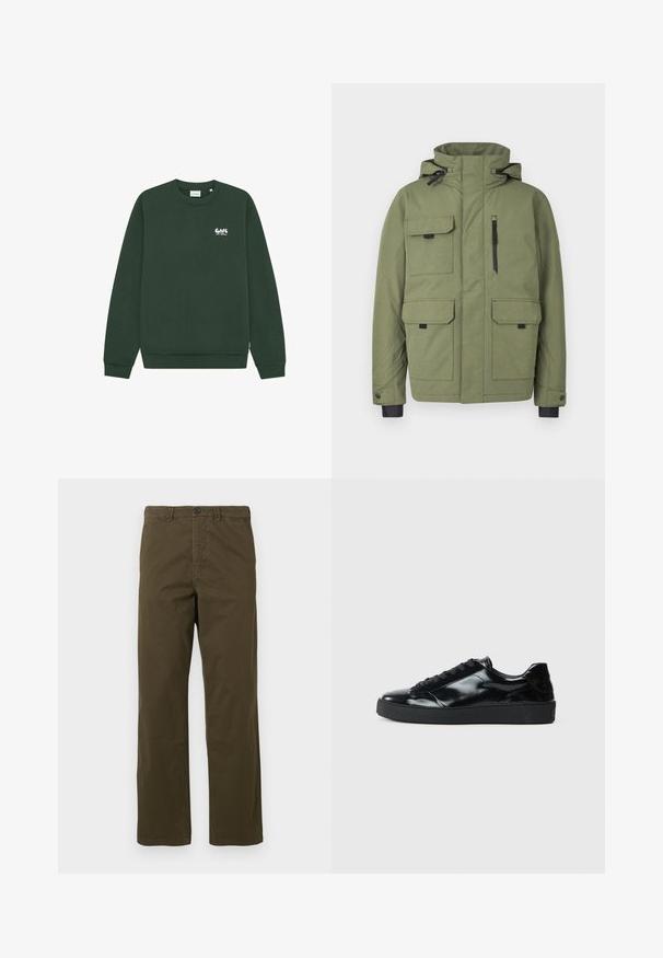 Veste verte à col montant, avec plusieurs poches avant, une fermeture éclair et des accents noirs sur les poignets et les fermetures éclair. Tissu texturé.; Sweat-shirt vert foncé à manches longues et col rond avec un petit texte blanc et jaune clair « Cafe Los Drios » sur le côté gauche de la poitrine.; Pantalons en coton marron pour hommes, coupe droite, avec passants de ceinture, bouton frontal et fermeture éclair sur fond clair.; Baskets en cuir verni noir avec un bout arrondi, un laçage, une semelle en caoutchouc texturé et une finition lisse.