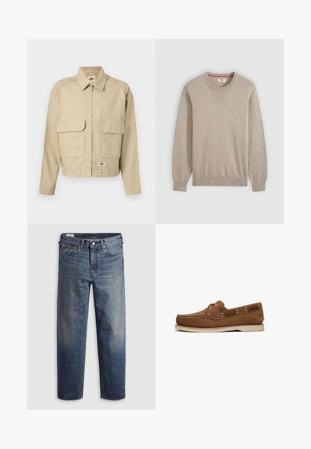 Beige jas met ritssluiting, twee grote klepzakken aan de voorkant, rechte kraag, lange mouwen en het Dickies merklabel op de borst en zoom.; Beige gebreide trui met lange mouwen en een ronde hals, met geribde manchetten en zoom, klein Levi's-logo op de borst.; Donkerblauwe spijkerbroek van denim met een losse pasvorm, rechte pijpen, vijf steekzakken en subtiele vervaging op de dijen. Zilveren knoop en klinknagels.; Bruine suède bootsschoen met witte zool, mocassinnaad, leren veters door metalen oogjes, Timberland-logo aan de zijkant.