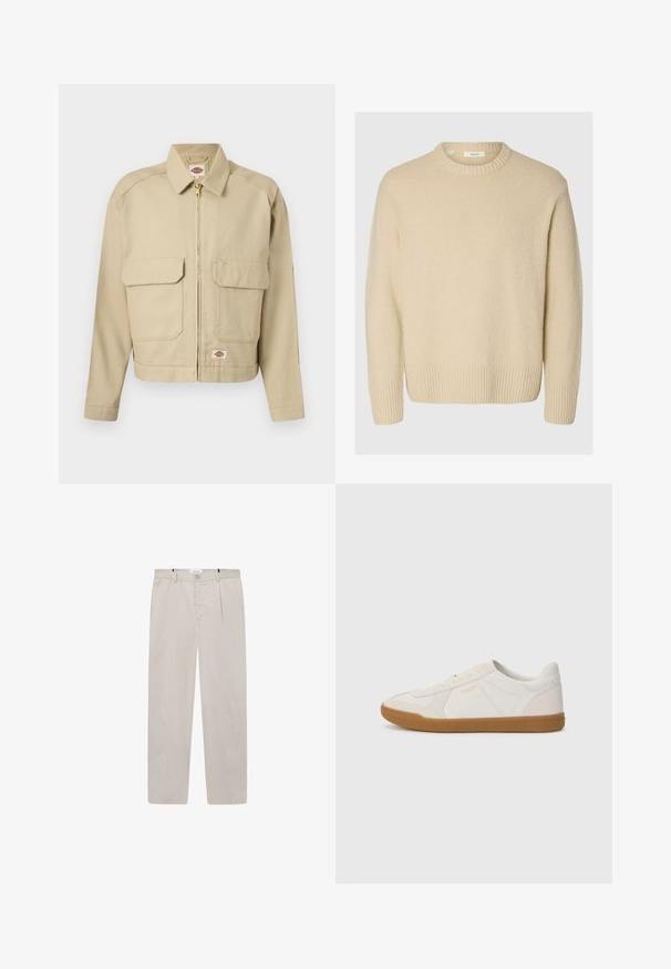 Chaqueta beige con cremallera, dos grandes bolsillos delanteros con solapa, cuello recto, mangas largas y etiqueta de la marca Dickies en el pecho y el dobladillo.; Suéter color crema hecho de una tela texturizada. Presenta un cuello redondo acanalado y puños acanalados, con un ajuste relajado y mangas largas.; Pantalones beige claros hechos de una tela suave, con un corte recto, dos bolsillos laterales y un cierre frontal de botón. Textura ligera y suave.; Zapatilla blanca hecha de cuero suave con suela de goma, con costuras sencillas y un pequeño logo dorado en el lado.