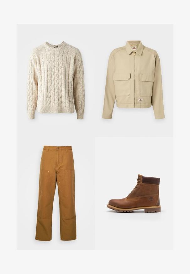 Beige Reißverschlussjacke mit zwei großen aufgesetzten Taschen vorne, geradem Kragen, langen Ärmeln und Dickies-Markenetikett auf der Brust und am Saum.; Cremfarbener Kabelstrickpullover mit Rundhalsausschnitt, strukturiertem Muster und gerippten Bündchen und Saum. Hergestellt aus weicher, dicker Wolle.; Braune Baumwoll-Arbeitshosen mit geradem Bein, die über Vordertaschen und Metallakzente für zusätzliche Strapazierfähigkeit verfügen.; Braune Lederwanderschuhe mit glatter Oberfläche, gepolstertem Knöchel, Metallösen und einer Gummisohle mit robustem Profil.
