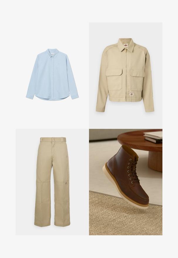 Chaqueta beige con cremallera, dos grandes bolsillos delanteros con solapa, cuello recto, mangas largas y etiqueta de la marca Dickies en el pecho y el dobladillo.; Camisa de botones de manga larga en un tono azul claro, con cuello puntiagudo, un logo en el pecho y dobladillo redondeado. Fabricada con un tejido suave y textura lisa.; Pantalones de pierna ancha color beige, confeccionados con una tela resistente, que presentan una cintura alta, costuras visibles y un pequeño parche con logo en el lateral.; Botín de cuero marrón con suela beige sobre una alfombra beige texturizada al lado de una mesa redonda de madera con libros apilados.