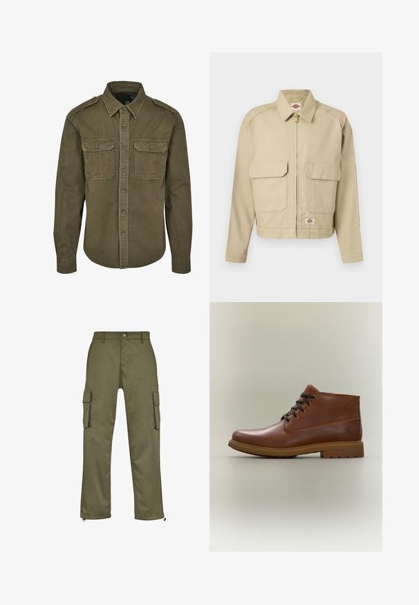 Beige Reißverschlussjacke mit zwei großen aufgesetzten Taschen vorne, geradem Kragen, langen Ärmeln und Dickies-Markenetikett auf der Brust und am Saum.; Olivgrünes Button-Down-Shirt aus Baumwolle. Verfügt über einen Kragen, zwei Brusttaschen mit Klappen und strukturierte Schultern mit sichtbaren Nähten.; Olivgrüne Cargo-Hosen mit geradem Schnitt, zwei Seitentaschen und Reißverschlüssen an den Bündchen. Hergestellt aus strapazierfähigem Material.; Brauner Leder-Schnürstiefelette mit Gummisohle, einfacher Naht und kleinem geprägtem Logo nahe der Ferse auf hellem Hintergrund.