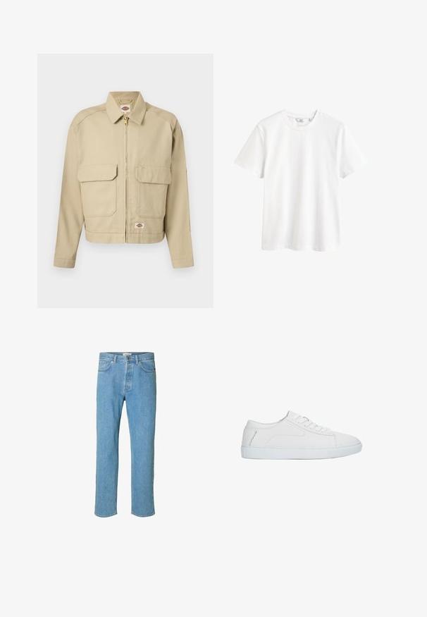 Beige Reißverschlussjacke mit zwei großen aufgesetzten Taschen vorne, geradem Kragen, langen Ärmeln und Dickies-Markenetikett auf der Brust und am Saum.; Schlichtes weißes Kurzarm-T-Shirt mit Rundhalsausschnitt und kleinem Markenlabel innen im Kragen.; Hellblaue Jeans aus Denim mit geradem Beinschnitt. Merkmale sind ein Knopfverschluss, fünf Taschen und gestickte Details entlang der Nähte.; Weißer niedriger Sneaker mit Schnürdesign, glattem Lederobermaterial und flacher Gummisohle, seitlich auf weißem Hintergrund dargestellt.