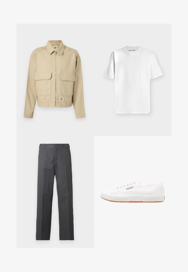 Veste beige à fermeture éclair avec deux grandes poches à rabat à l'avant, col droit, manches longues, et étiquette de la marque Dickies sur la poitrine et l'ourlet.; T-shirt blanc uni à manches courtes et col rond, posé à plat sur un fond gris clair avec une petite étiquette de marque à l’intérieur du col.; Pantalon gris foncé à jambes droites avec un devant plat et sans poches visibles, présenté sur un fond blanc uni.; Baskets en toile blanches avec une semelle en caoutchouc, design à lacets et une petite étiquette logo sur le côté. Tige blanche texturée et semelle extérieure marron.