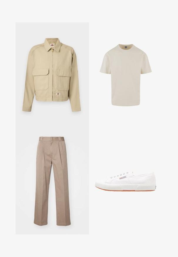 Beige jas met ritssluiting, twee grote klepzakken aan de voorkant, rechte kraag, lange mouwen en het Dickies merklabel op de borst en zoom.; Urban Classics LOOSE TEE - T-shirt basic - whitesand; Beige, hoge taille broek met een wijde pijpontwerp. Bevat twee voorplooien en een soepele textuur. Standaard lengte met een nette afwerking.; Witte canvas sneakers met een rubberen zool, vetersluiting en een klein logolabel aan de zijkant. Gewreven wit bovenwerk en een bruine zool.