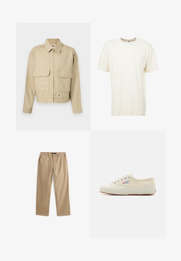 Chaqueta beige con cremallera, dos grandes bolsillos delanteros con solapa, cuello recto, mangas largas y etiqueta de la marca Dickies en el pecho y el dobladillo.; Camiseta de manga corta y cuello redondo en color crema claro. Fabricada con material de algodón suave, con un corte relajado y costuras mínimas.; Pantalones beige de pierna recta con cierre de botón y cremallera, trabillas para cinturón y bolsillos laterales, colocados planos sobre un fondo blanco.; Zapatillas de lona beige con un diseño de perfil bajo, ojales de metal y suela de goma. Presenta un patrón texturizado y detalle del logo en el lateral.