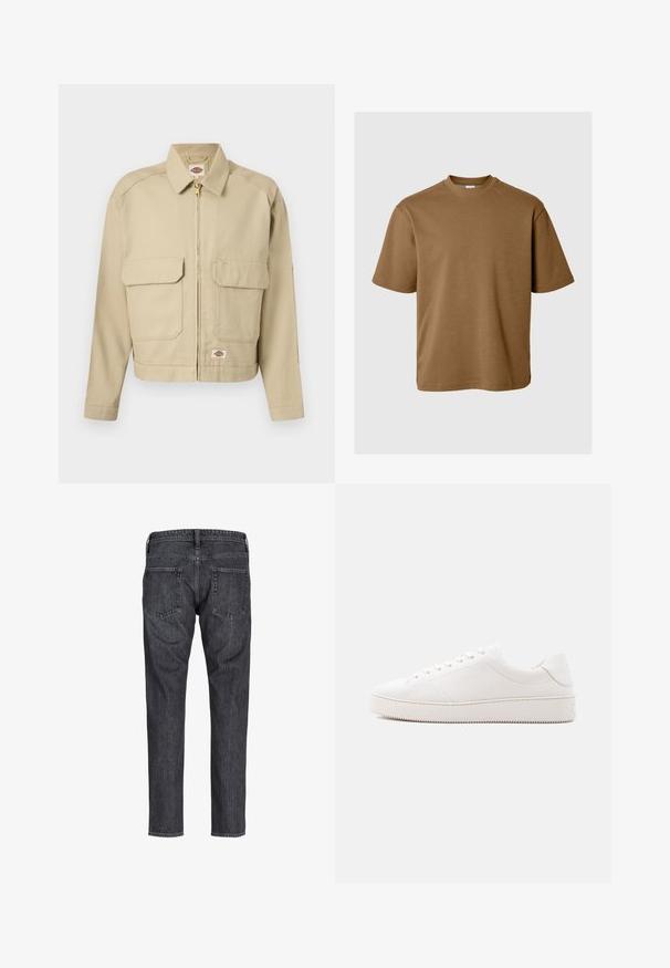 Beige lynlåstrøje med to store klaplommer foran, lige krave, lange ærmer og Dickies-mærke på bryst og kant.; Brun bomulds t-shirt med rund halsudskæring, korte ærmer og en afslappet pasform. Glat tekstur og ingen synlige mønstre eller detaljer.; Bagfra visning af mørkegrå denimjeans med to baglommer, bæltestropper og lige bukseben.; Hvid lædersneaker med en glat overflade, rund tå, seks-huls snørebånd og en struktureret gummisål. Minimalistisk design uden mønstre.