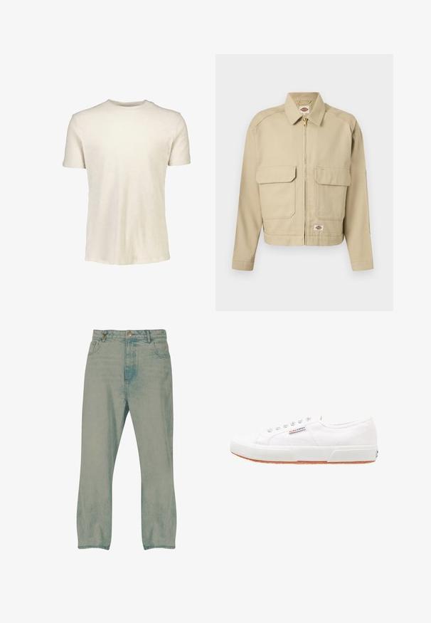 Chaqueta beige con cremallera, dos grandes bolsillos delanteros con solapa, cuello recto, mangas largas y etiqueta de la marca Dickies en el pecho y el dobladillo.; Camiseta de manga corta en beige claro, hecha de algodón suave. Presenta un escote redondo y una textura lisa sin patrones ni gráficos.; Vaqueros de pierna recta en azul claro con botón delantero, trabillas para cinturón y bolsillos delanteros, mostrados sobre un fondo blanco.; Zapatillas de lona blancas con suela de goma, diseño de cordones y una pequeña etiqueta con el logo en el lateral. Parte superior texturizada blanca y suela marrón.