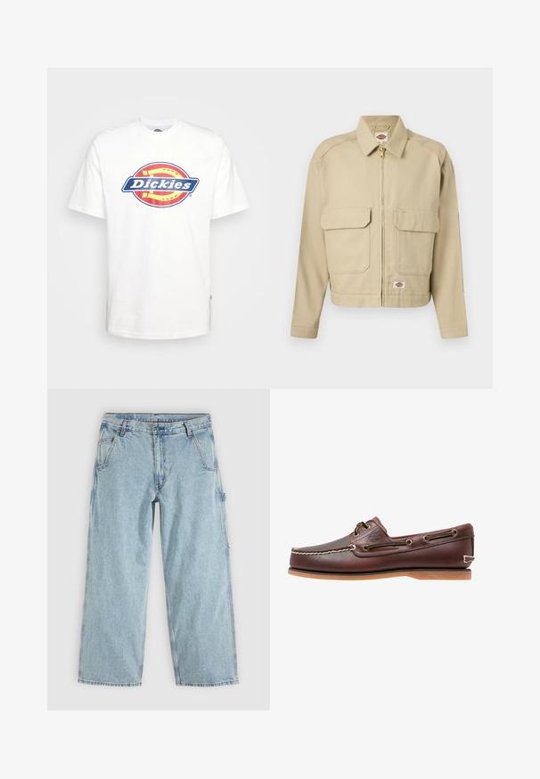 Veste beige à fermeture éclair avec deux grandes poches à rabat à l'avant, col droit, manches longues, et étiquette de la marque Dickies sur la poitrine et l'ourlet.; T-shirt en coton blanc avec un logo circulaire "Dickies" bleu et rouge au centre. Manches courtes et col ras du cou.; Jean denim droit bleu clair avec poches avant, passants de ceinture, fermeture par boutons et une boucle latérale pour outils.; Chaussure bateau en cuir marron avec coutures blanches, détails de lacets et semelle en caoutchouc beige, vue de côté sur fond blanc.