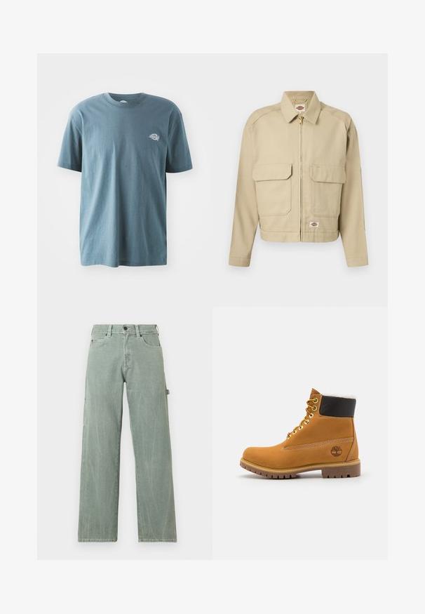 Chaqueta beige con cremallera, dos grandes bolsillos delanteros con solapa, cuello recto, mangas largas y etiqueta de la marca Dickies en el pecho y el dobladillo.; Camiseta de algodón azul con mangas cortas y cuello redondo. Presenta un pequeño logotipo bordado en el lado izquierdo del pecho. Textura suave y corte holgado.; Jeans anchos de pierna en verde claro, hechos de denim, con un diseño clásico de cinco bolsillos y detalles sutiles desgastados.; Botín de cuero marrón con ojales de metal, forro de piel sintética blanca, cuello acolchado negro, suela resistente y logotipo en relieve en el costado.