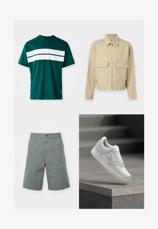 Beige-vetoketjullinen takki, jossa kaksi suurta etutaskua läpällä, suora kaulus, pitkät hihat ja Dickies-merkkilippu rinnassa sekä helman kohdalla.; Teal t-paita, jossa on pyöreä kaula-aukko, lyhyet hihat ja vaaleita valkoisia vaakaraitoja rinnan kohdalla. Hieman rento malli.; Vaaleanvihreät puuvillahousut, joissa on nappikiinnitys, vyölenkit ja sivutaskut. Ominaisuuksina suora leikkaus ja kevyt materiaali.; Valkoinen Nike Air Force 1 -tennari, jossa on verkkokangas- ja nahkaosioita, solmittu nauhoilla, kelluu betonisen reunuksen yllä sumean portaikon taustalla.