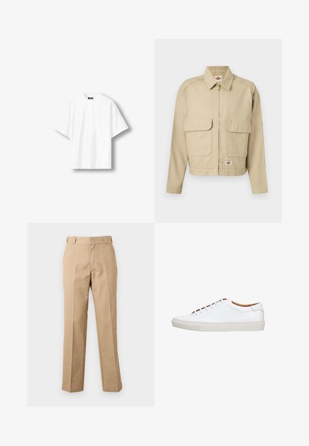 Beige jas met ritssluiting, twee grote klepzakken aan de voorkant, rechte kraag, lange mouwen en het Dickies merklabel op de borst en zoom.; Effen wit oversized T-shirt met korte mouwen en een ronde hals, met een zwart label aan de binnenkant van de achterkant van de kraag, getoond op een lichte achtergrond.; Beige rechte broek met riemlussen, een voorrits en gestreken plooien, getoond tegen een effen witte achtergrond.; Witte leren sneaker met een gerookte rubberen zool, ronde neus en contrasterende beige binnenkant. Voorzien van vijf veterogen en witte veters.