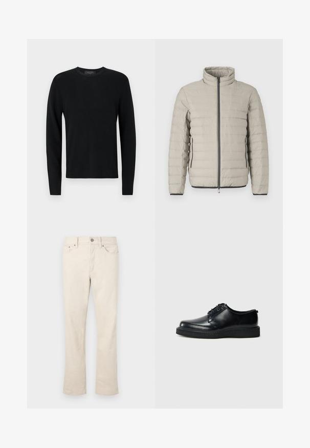 Lysegrå dunjakke med høj krave, vandret quiltet design, forreste lynlås og sidelommer. Har sorte detaljer ved ærmekanterne.; Sort bomulds sweater med lange ærmer, ribbet tekstur, rund hals og tætsiddende ærmer. Enkel design uden mønstre eller detaljer.; Beige, bomuldsblandede jeans med lige ben. Har en frontlukning med knap og lynlås, fem lommer og subtile stikninger.; Sorte læder snøresko med rundet snude, glat finish og tekstureret sort gummisål. Minimalistisk design uden synlige mønstre.