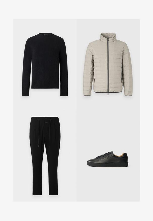 Lysegrå dunjakke med høj krave, vandret quiltet design, forreste lynlås og sidelommer. Har sorte detaljer ved ærmekanterne.; Sort langærmet crew neck trøje med enkelt, tætsiddende design uden synlige mønstre eller logoer.; CLOSED VIGO TAPERED - Chino - dark night; Sorte lavtop lædersneakers med tekstureret overflade, sorte snørebånd og tyk gummisål, vist fra siden på en lys baggrund.