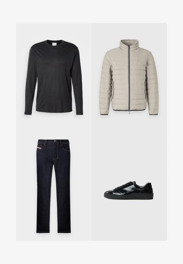Vaaleanharmaa toppatakki, jossa korkea kaulus, vaakasuora tikkauskuvio, etuvetoketju ja sivutaskut. Hihoissa mustat korostukset.; Musta pitkähihaisten pyöreäkauluksinen Calvin Klein -paita, jossa pieni CK-logo vasemmassa rinnassa, esitelty valkoisella taustalla.; Tummansiniset farkut, joissa on suora lahje, viisi taskua, nappisulku ja kontrastivärisiä ompeleita.; Mustat lakatut nahkakengät pyöreällä varpaalla, nauhakiinnitys, teksturoitu kumipohja ja sileä pinta.