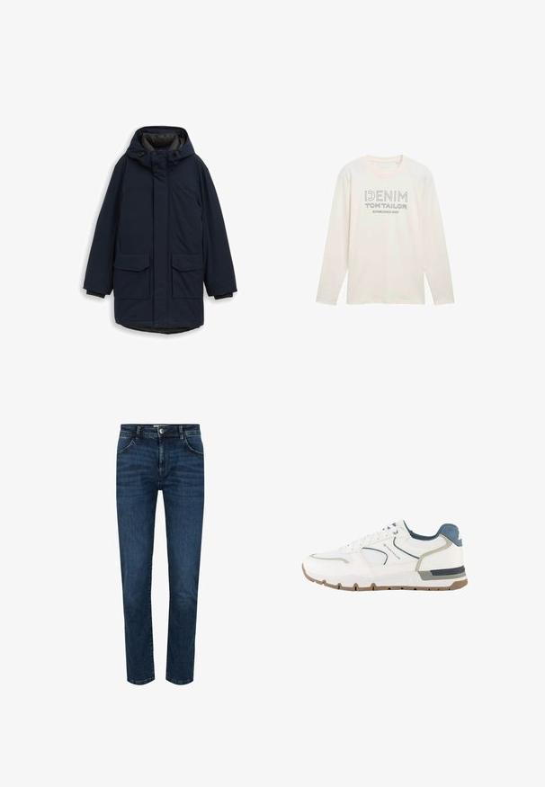 Marineblå parka jakke med hætte, frontlynlås, to store klappede lommer, ribbede manchetter og en quiltet foring.; Lyscremet langærmet skjorte med rund hals, der har et trykt logo i grå, som læser "DENIM TOM TAILOR ESTABLISHED 2007."; Mørkeblå denimjeans med lige pasform, design med fem lommer og knaplukning. Forstærket syning langs sømmene og en let falmende effekt.; Hvid og grå atletisk sneaker med blå detaljer, mesh-stof og en brun sål, mærket med "Tom Tailor" på siden.