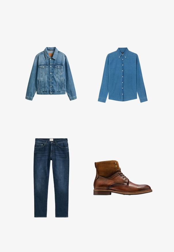 Blaue Jeansjacke mit Knopfleiste, zwei Brustklappentaschen mit Knöpfen und vertikalen Seitentaschen, flach auf weißem Hintergrund liegend.; Blaue Denim-Hemd mit Button-down-Kragen, langen Ärmeln und Knöpfen vorne. Der Stoff hat eine strukturierte Oberfläche und einen klassischen Schnitt.; Dunkelblaue Denim-Jeans mit geradem Bein, fünf Taschen, Gürtelschlaufen und dezentem Verblassen. Der Stoff hat eine glatte Textur.; Kazar ALID - Schnürstiefelette - brown