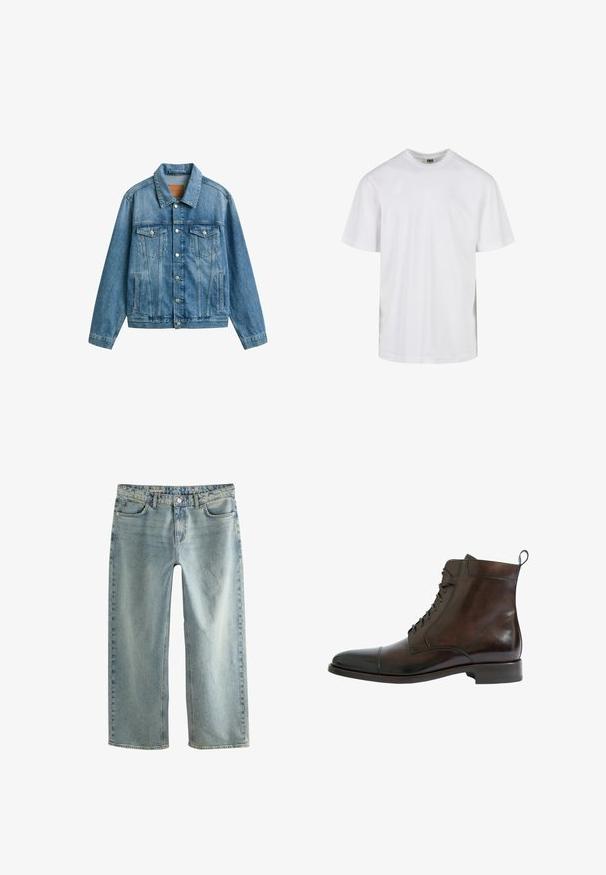 Blaue Jeansjacke mit Knopfleiste, zwei Brustklappentaschen mit Knöpfen und vertikalen Seitentaschen, flach auf weißem Hintergrund liegend.; Schlichtes weißes T-Shirt mit kurzen Ärmeln und Rundhalsausschnitt in entspannter Passform, vor weißem Hintergrund dargestellt.; Hellblaue, bequeme Baggy-Jeans aus Denim mit geradem Bein, fünf Taschen und sichtbarem Knopfverschluss.; Braune Leder-Stiefeletten mit glatter Oberfläche, runder Zehenpartie, Schnürdesign und einem leichten Absatz. Mit einer Zuglasche an der Rückseite.