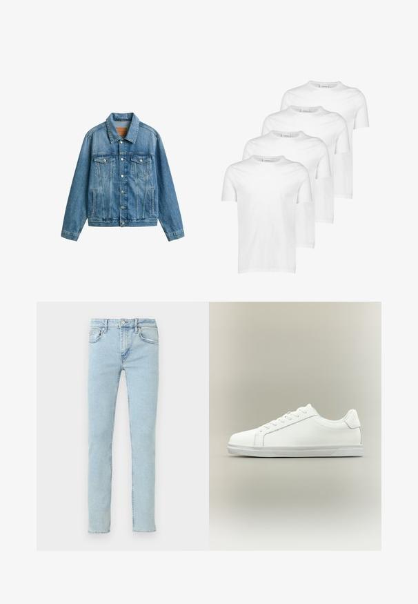 Blauwe spijkerjack met knopen aan de voorkant, twee borstflapzakken met knopen en verticale zijzakken, plat neergelegd op een witte achtergrond.; Witte katoenen T-shirts, korte mouwen, ronde halslijn, gladde textuur, vier stuks gestapeld met een consistent ontwerp en zonder patronen of accenten.; Lichtblauwe spijkerbroek met rechte pijpen, voorzien van vijf zakken, subtiele vervaging en klassieke stikseldetails.; Witte lage sneaker met veterluiting aan de voorkant en een gestructureerde rubberen zool tegen een neutrale achtergrond.