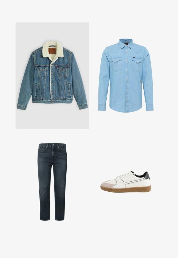 Denimjakke med en lys blå vask, faux shearling-krave, to brystlommer og knaplukninger. Har et lædermærke ved nakken.; Lyseblå denimskjorte med lange ærmer, knaplukning, to brystlommer med knapper, spids krave og lille Lee-logo på venstre lomme.; Mørkegrå denim-jeans med lige skæring, fem lommer, knap- og lynlåslukning samt subtile syninger.; Hvid lav-top sneaker med sort hæltab, beige tænske, mønstret brun sål og hvide snørebånd på ensfarvet hvid baggrund.
