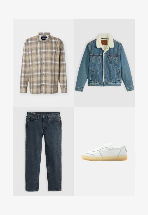 Veste en denim avec un délavage bleu clair, col en fausse fourrure, deux poches poitrine et fermetures à bouton. Présente un patch en cuir de marque au niveau du cou.; Chemise à manches longues à carreaux beige et marron, avec boutons sur le devant et deux poches poitrine, présentée sur un fond blanc.; Jean en denim bleu foncé avec une coupe droite, cinq poches et une fermeture à bouton. Un léger délavage ajoute de la texture au tissu.; Baskets basses en cuir blanc avec semelle beige translucide, lacets à l’avant et détails de couture minimalistes, vues de côté sur un fond uni.