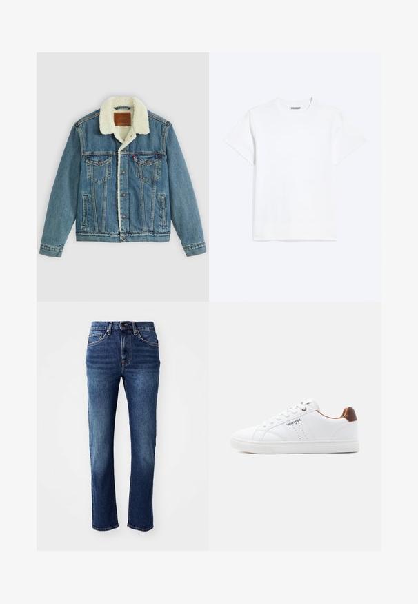 Veste en denim avec un délavage bleu clair, col en fausse fourrure, deux poches poitrine et fermetures à bouton. Présente un patch en cuir de marque au niveau du cou.; T-shirt blanc uni à manches courtes et col rond, avec une étiquette "WEEKDAY" à l'intérieur du col arrière, présenté sur un fond clair.; Jean en denim bleu foncé avec une coupe droite, cinq poches et des accessoires en ton cuivré. Présente une légère décoloration sur les cuisses.; Baskets basses blanches avec lacets blancs, détails perforés, logo "Wrangler" sur le côté et accent marron au talon sur fond uni.