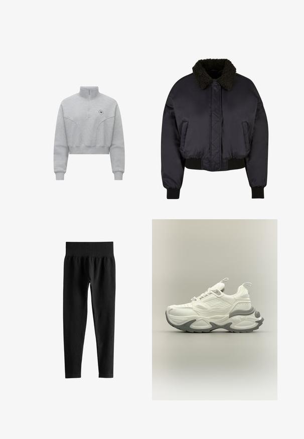 Sort cropped bomberjakke med en struktureret mørk pelskrave, elastiske manchetter og kant, samt diagonale syninger på fronten.; Lys grå cropped sweatshirt med høj krave, halv lynlås fortil og subtil syning. Har et lille logo på brystet.; Sorte ribstrikkede leggings med høj talje, bred elastisk talje og slanke ben i fuld længde på hvid baggrund.; Hvid og grå chunky sneaker med tekstureret sål, trækflapper på tunge og hæl samt detaljeret paneldesign på overdelen.