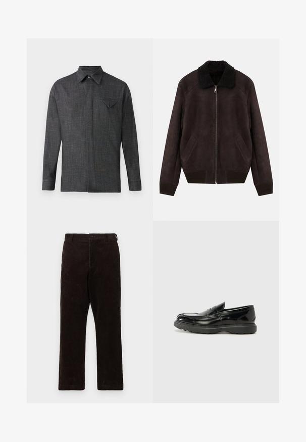 Veste bomber en daim marron foncé avec col en shearling noir, fermeture éclair sur le devant, poches latérales en angle et bords côtelés.; Chemise grise à manches longues en tissu texturé. Elle présente un col pointu et une petite poche sur la poitrine avec un rabat triangulaire.; Pantalons en velours côtelé marron à coupe droite, avec une fermeture à boutons et une texture côtelée, conçus pour un ajustement décontracté.; Mocassin en cuir noir avec une finition brillante, bout arrondi, détails de couture subtils et semelle en caoutchouc épaisse pour la durabilité.