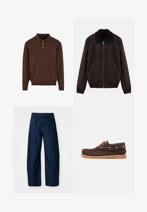 Veste bomber en daim marron foncé avec col en shearling noir, fermeture éclair sur le devant, poches latérales en angle et bords côtelés.; Pull-over en maille marron à manches longues avec un ourlet et des poignets côtelés, doté d'une patte de boutonnage à trois boutons et d'une coupe décontractée.; Jean en denim foncé à jambes larges et taille haute, avec cinq poches, fermeture à l'avant par bouton et détails de couture visibles.; Chaussure bateau en suède marron avec des lacets en cuir, des œillets dorés, un bout moccasin cousu et une semelle en caoutchouc marron clair sur fond blanc.