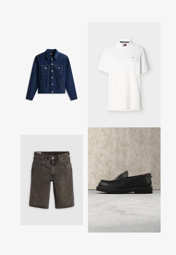 Donkerblauwe spijkerjas met knoopsluiting aan de voorkant, twee borstzakken met kleppen en knopen en zijzakken, getoond op een witte achtergrond.; Wit poloshirt met korte mouwen, twee knopen, een kraag en een klein Tommy Jeans vlaglogo op de linkerborst.; Donkergrijze denimshorts met een normale pasvorm, voorzien van vijf zakken, een knoopsluiting en een gestructureerde tailleband. Zachte textuur, een strak ontwerp.; Zwarte leren loafer met robuuste zool en rood binnenwerk, zwevend boven een beige tapijt en nabij houten meubels.